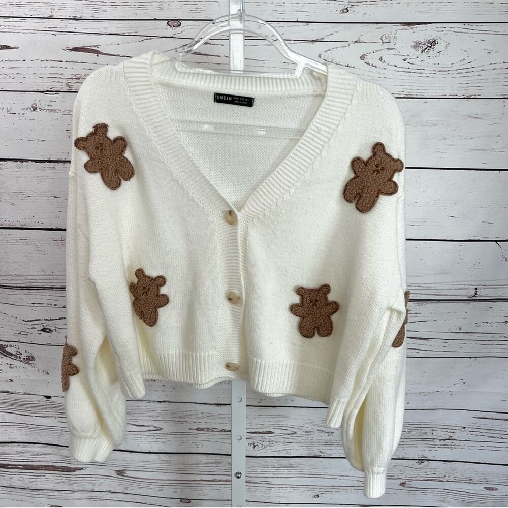 SHEIN Cream & Brown Teddy Bear Patches Cropped Button Front Cardigan Sweater